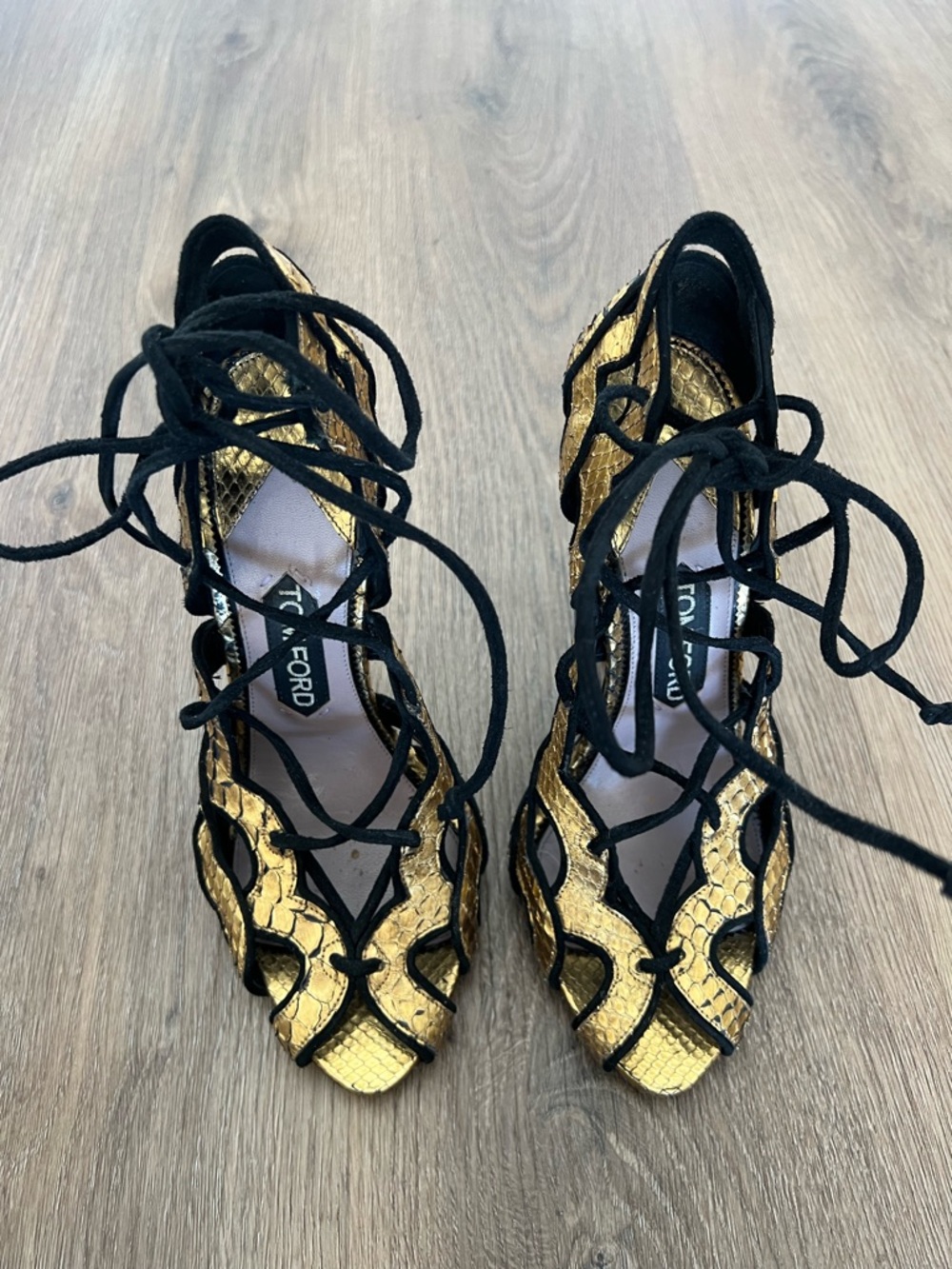 Tom Ford Gold and Black Lace-Up Snake-Embossed Heels